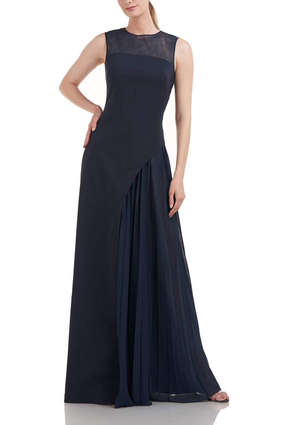 Kay Unger Illusion Jewel Neck Sleeveless Zipper Closure Asymmetrical Skirt Pleated Stretch Crepe Gown with Chiffon Underlay-0