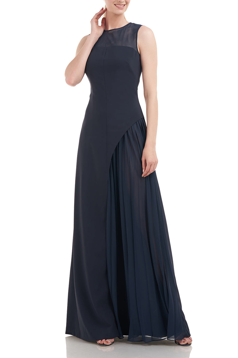 Kay Unger Illusion Jewel Neck Sleeveless Zipper Closure Asymmetrical Skirt Pleated Stretch Crepe Gown with Chiffon Underlay-1