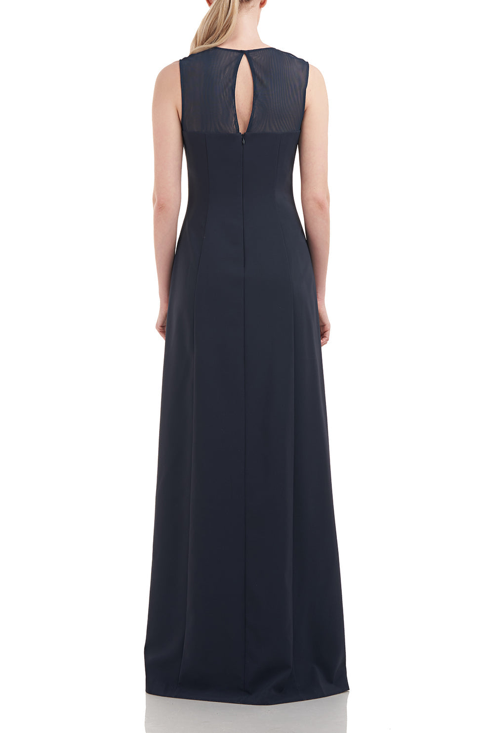 Kay Unger Illusion Jewel Neck Sleeveless Zipper Closure Asymmetrical Skirt Pleated Stretch Crepe Gown with Chiffon Underlay-2