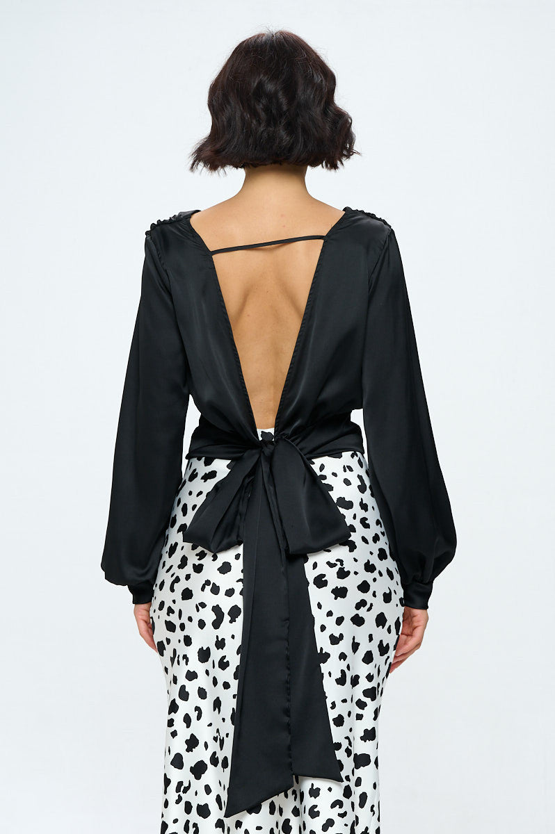 Stretch Satin Solid V neck Top with Open Back-3