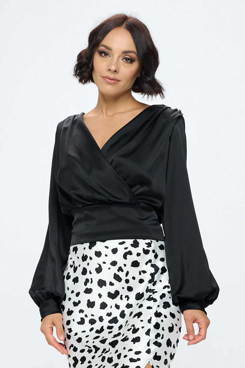 Stretch Satin Solid V neck Top with Open Back-0