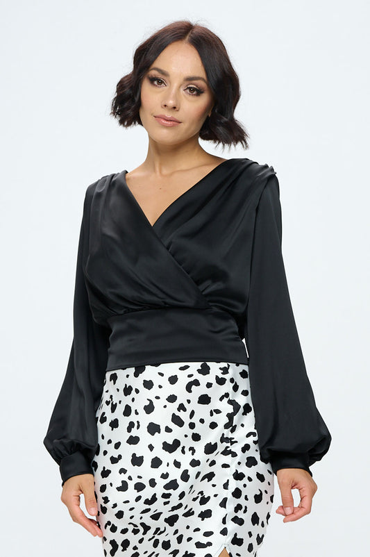 Stretch Satin Solid V neck Top with Open Back-0