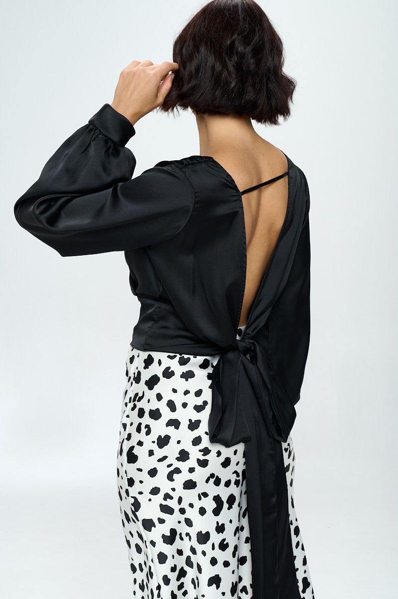 Stretch Satin Solid V neck Top with Open Back-2