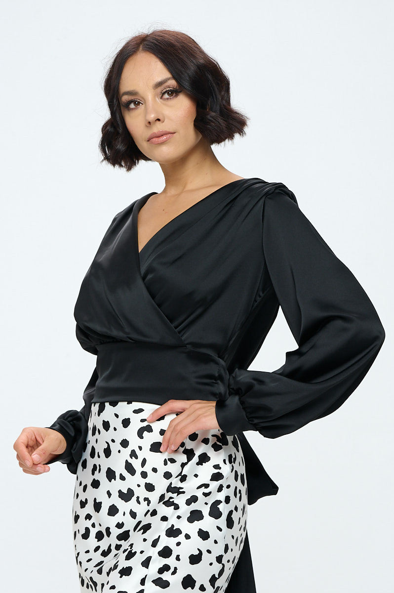 Stretch Satin Solid V neck Top with Open Back-1