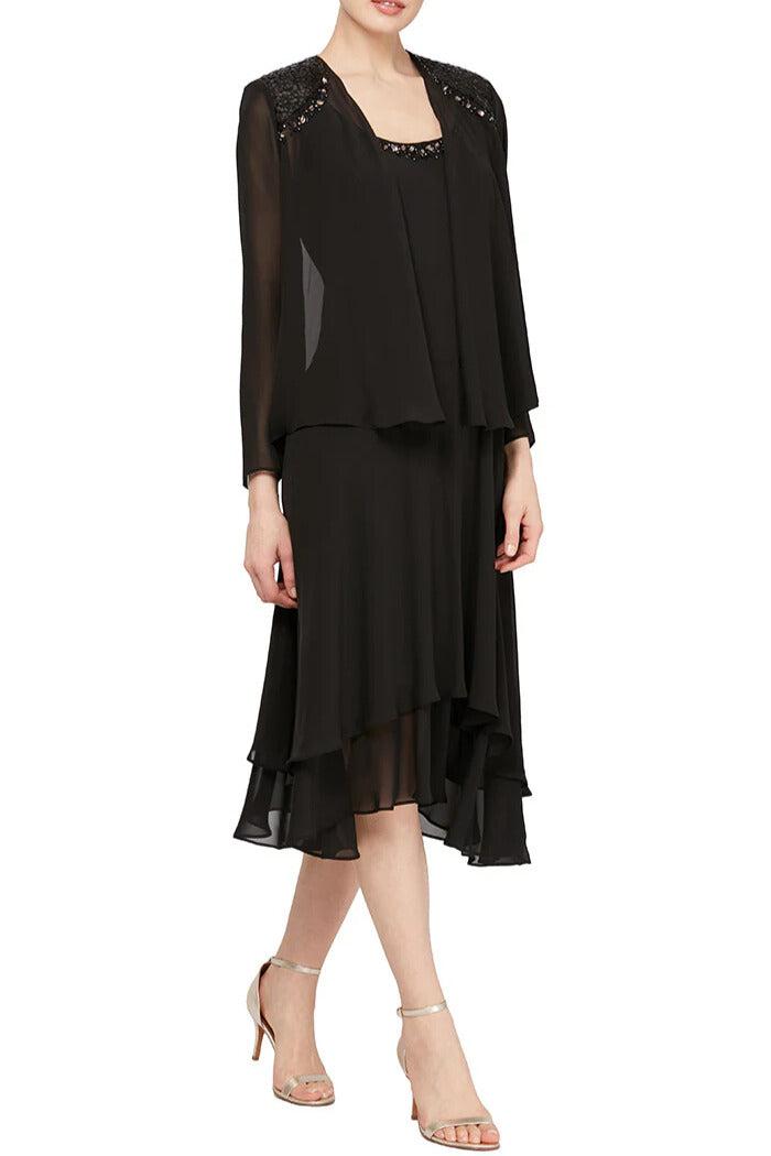 SL Fashions Beaded Shoulder Long Sleeves Chiffon Jacket with Scoop Neck Tiered Skirt Dress-0