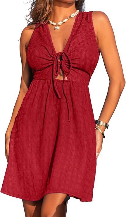Women's Lace-up Front Low V-neck A- Line Sleeveless Hollow-out Short Dress